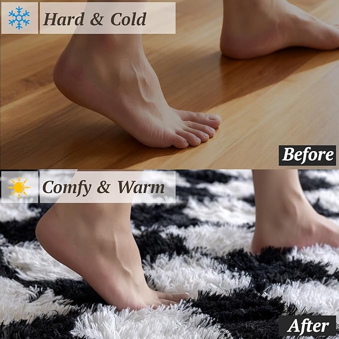 8x10 Area Rugs for Living Room Bedroom, Soft Fluffy Shaggy Bedside Rug, Indoor Floor Carpet for Kids Playroom, Dorms, Nursery Rooms, Home Decor (Black & White 8'x10')