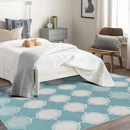 Aqua and White Rug, 4x7 Rug, Blue Rugs for Entryway, Geometric Large Area Rug, Washable Rug Non Slip Soft Indoor Carpet, Kids and Pets Friendly, Aqua and White Home & Room Decor
