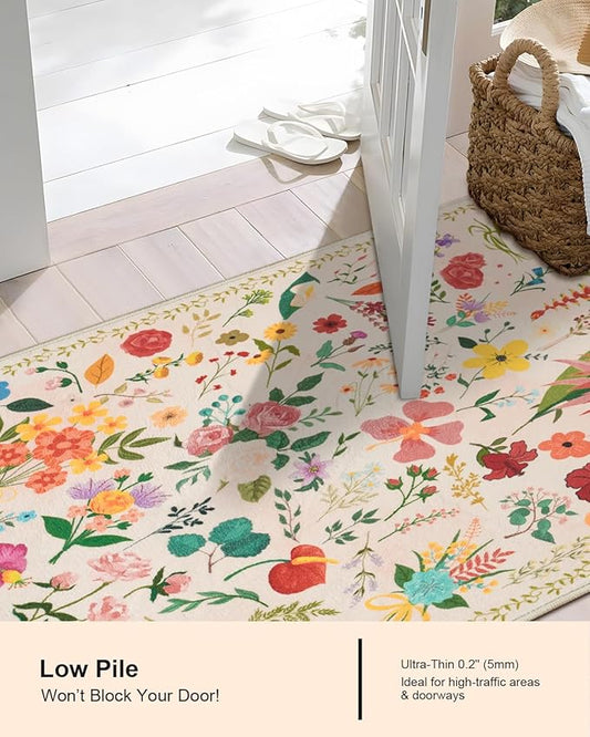 Boho Floral Entryway Rug 2x3, Washable Small Mat for Bathroom and Kitchen, Non Slip Front Door Mat Indoor Entrance, Vintage Style Flower Mat with Rubber Backing, Soft Area Rug for Entry Way (Beige)