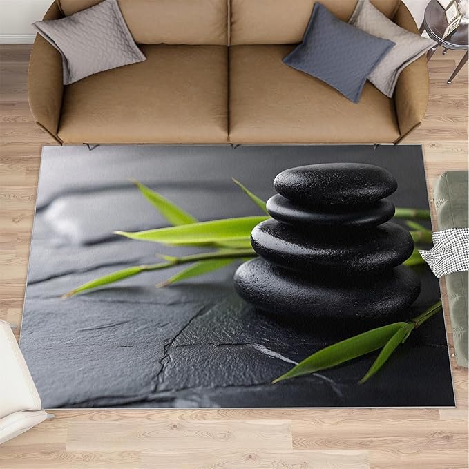 Zen Buddhism Rugs for Bedroom - 5x8 Area Rug - Black Zen Dianthus Leaf Rugs for Living Room, Meditation Yoga Rug, Washable Home Decor Carpet