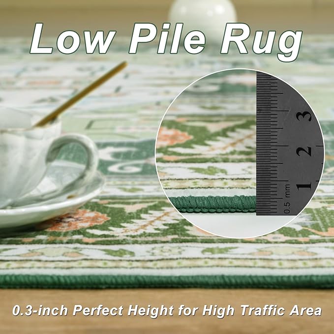 6x9 Green White Area Rug for Living Room, Machine Washable Rugs with Non-Slip Backing for Bedroom, Vintage Medallion Carpet Dining Room Office Kids Room Decor
