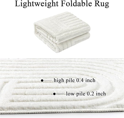 SHACOS Soft Cozy Fluffy Arch Pattern High Low Pile Rugs 4'x6' Non Slip Washable Scandinavian Minimalist Rug Modern Geometric Arc Carpet for Living Room Bedroom Dining Room, Cream White