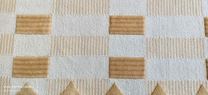 Handmade Scalloped Wool Area Rug - Modern Geometric Pattern, Green-Beige Stripes, Checkered Chevron Design - Soft, Durable Thick Carpet for Living Room, Bedroom (Neutral Beige, 6' x 9')