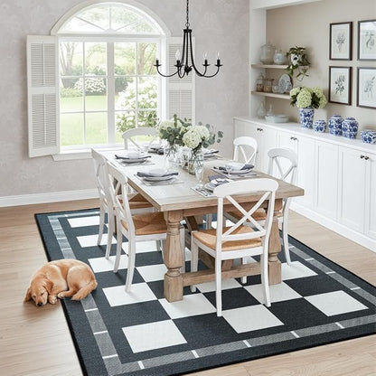 Vasofe Checkered Jute 5x7 Area Rugs, Washable Outdoor Patio Rug for Living Room Indoor Carpet, Non-Slip Farmhouse Geometric Non Slip Carpet for Backyard Dining Room Bedroom, Black and White