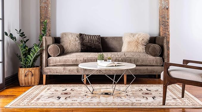 Unique Loom Taftan Collection Border Geometric Tribal Inspired Design Area Rug (6' 0 x 9' 0 Rectangular, Ivory/ Tan)