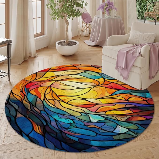 Abstract Colorful Pattern Round Rug Vintage Church Glass Area Rug Washable Soft Non-Slip Floor Carpet Low Pile Accent Rugs for Entryway Living Room Dining Room Bedroom Home Office 6ft