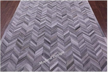 Modern Design Premium Cowhide Leather Carpet with Chevron Pattern, Area Rug (Natural Multi Grey, 2x3)