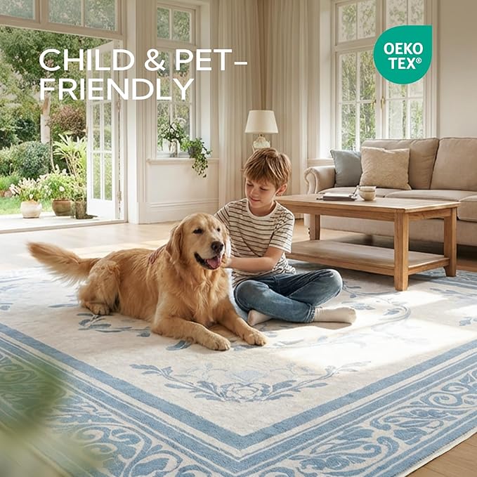 SOULFUL Medium Pile 4x6 Rugs for Living Room - Cozy Soft Underfoot Area Rug - Mist Blue Boho Floral - Washable Non-Slip - Perfect for Bedroom Kids Room Under Dining Table Office