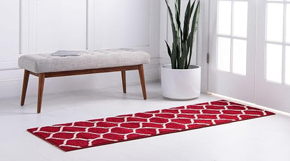 Rugs.com Lattice Frieze Collection Rug – 2' x 8' 8 Runner Red Medium Rug Perfect for Living Rooms, Large Dining Rooms, Open Floorplans