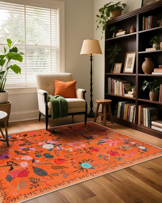 Boho Washable Area Rug 4x6 – Floral Low Pile Non-Slip Carpet for Living Room, Bedroom, Office, Playroom, Entryway, Kitchen, Dining Room (Orange)