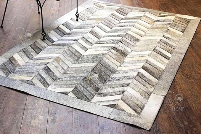 Chevron Pattern Faux Cowhide Area Rug | Non-Slip Leather Carpet for Living Room, Bedroom, and Office | Modern Designer Rug for Home Décor(6x9 ft_Grey)