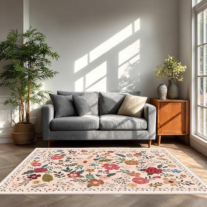 5x7 Area Rugs for Living Room Clearance Washable Boho Area Rug, Vintage Floral Non Slip Low Pile Large Rug for Living Room, Bedroom, Dining Room, Farmhouse (5 x 7 Beige Red)