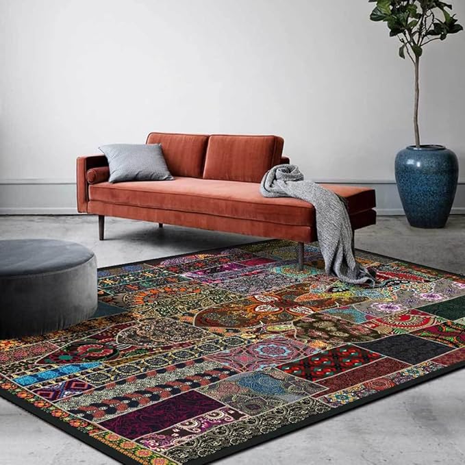 Vintage Boho Area Rugs Multicolor Ethnic Style Geometric Splicing Carpets Bedroom Living Room Kitchen Floor Mats Indoor Outdoor Non-Shedding Runner Rug Home Décor Carpet 2' X 7'