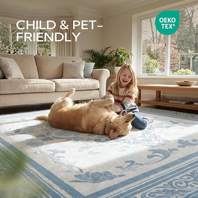SOULFUL Medium Pile 8x10 Rugs for Living Room - Soft Foot Feel Large Area Rug - Mist Blue Boho Floral - Washable Non-Slip - Perfect for Bedroom Kids Room Under Dining Table Office