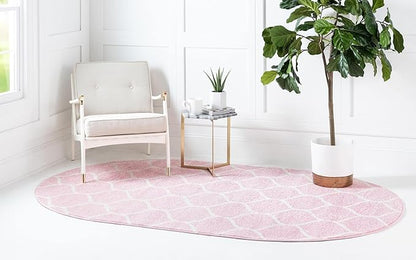 Rugs.com Lattice Frieze Collection Rug – 5' x 8' Oval Light Pink Medium Rug Perfect for Living Rooms, Large Dining Rooms, Open Floorplans