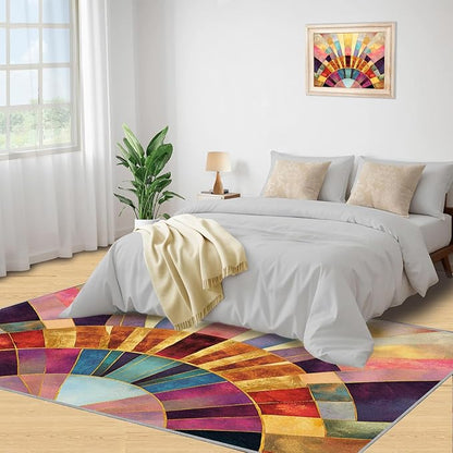 Chromatic Geometric Area Rugs 6x9ft, Abstraction Deco Fluffie Rugs for Living Room, Mosaic Sunburst Nursery Rug with Under Rug Non Slip Tape for Bedroom Kids Room