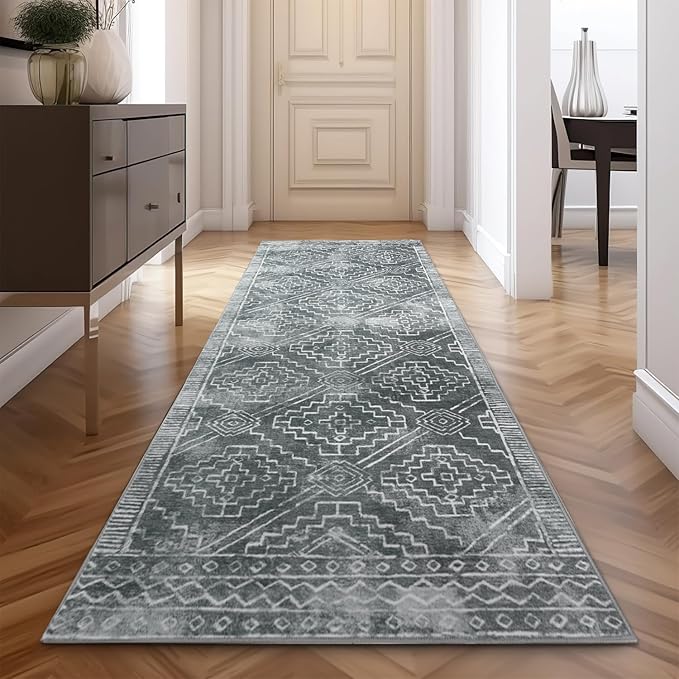 jinchan Hallway Runner Rug 3x7 - Moroccan Kitchen Machine Washable Runner Rug Modern Geometric Soft Faux Wool Ultra-Thin Low-Pile Non-Slip Carpet for Laundry Room Bedroom Farmhouse(3x7ft, Dark Grey)