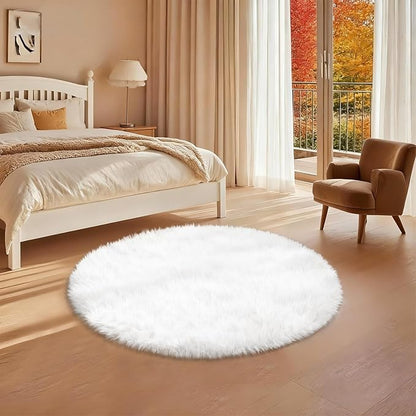4x4 Round Solid Fluffy White Area Rug – Washable, Durable, Circle Bedroom Rug, Non-Slip High Pile Shag Rugs for Living Room, Bedside, Dorms, Nursery Rooms, Kids Room, Soft Indoor Floor Carpet