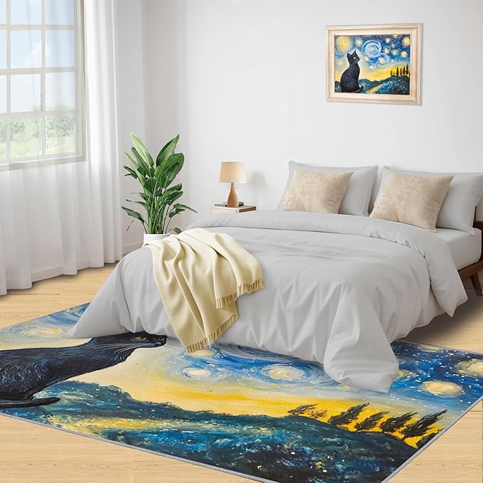Black Cat Rugs for Bedroom - 4x5 Area Rug - Starry Sky Countryside Rugs for Living Room, Vintage Oil Painting Art Rug, Washable Home Decor Carpet