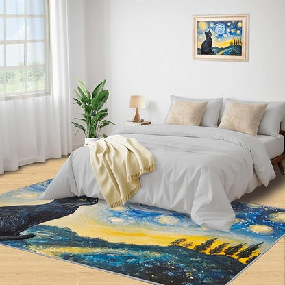Black Cat Rugs for Bedroom - 5x8 Area Rug - Starry Sky Countryside Rugs for Living Room, Vintage Oil Painting Art Rug, Washable Home Decor Carpet