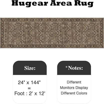 HUGEAR 2x12 Runner Rug Machine Washable Brown Hallway Area Rug Indoor Accent Rug Floral Low Pile Carpet Soft Throw Rug Bedroom Living Room Office Dining Room Kitchen Laundry Room Non Slip