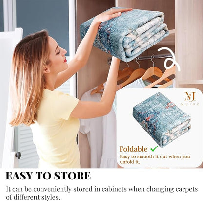 MUJOO Hallway Runner Rug 2'x8' Teal Long Rug Runners Boho Machine Washable Non Slip Carpet for Entryway Kitchen Bathroom Bedside Retro Soft Low-Pile Blossom