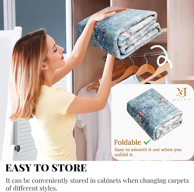 MUJOO Teal Rug 8'x10' Area Rugs for Living Room Blue Washable Rugs Large Rug Boho Rug 8'x10' for Bedroom Non Slip Abstract Soft Low-Pile Floral Colorful Flowers