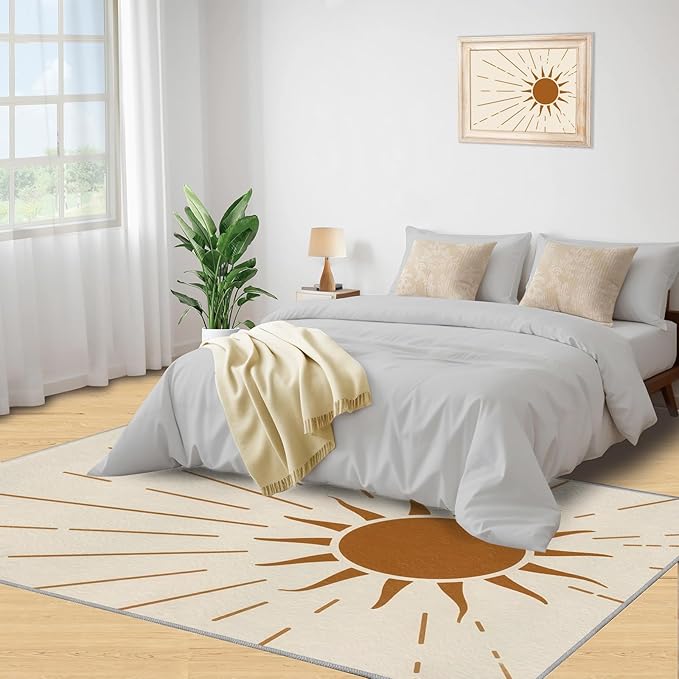 Boho Sun Area Rugs 4x6ft, Radiant Sunburst Carpet for Bedroom, Geometric Solar Rug for Living Room Easy to Clean for Indoor Outdoor Hardwood Floors Home Decor