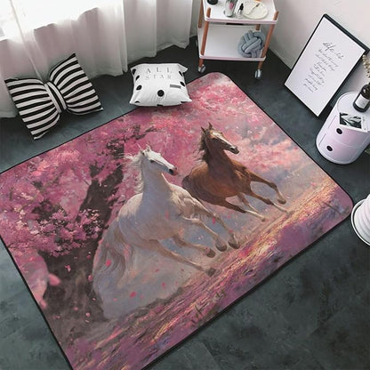 Galloping Horse Cherry Blossom Area Rug Washable Outdoor Rugs Anti-Slip Soft Carpet Entryway Indoor Door Mat for Bedroom,Living Room,Porch,Terrace and Entrance Decor 8'x 5'