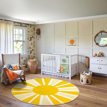 Lahome Washable Round Rug - 6Ft Round Area Rug for Living Room Low-Pile Soft Round Nursery Rug Non-Slip Large Round Dining Room Rug, Boho Rainbow Sun Print Circle Rugs for Bedroom (6'x6', Yellow)