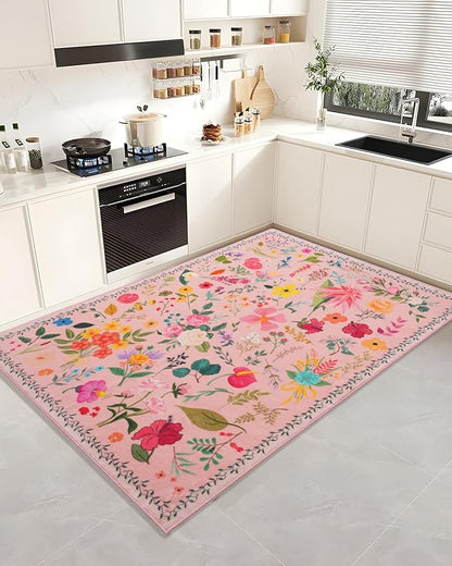 Boho Washable Area Rug 5x7 – Floral Low Pile Non-Slip Carpet for Living Room, Bedroom, Office, Playroom, Entryway, Kitchen, Dining Room (Pink)