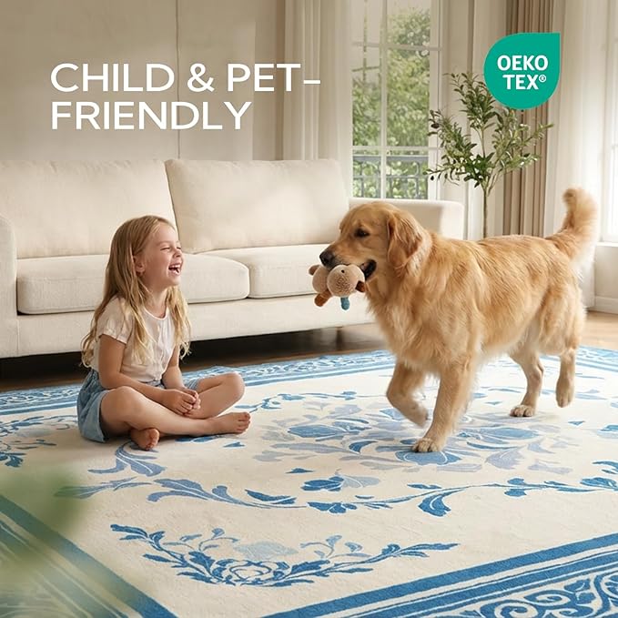 SOULFUL Medium Pile 4x6 Rugs for Living Room - Cozy Soft Underfoot Area Rug - Blue Boho Floral - Washable Non-Slip - Perfect for Bedroom Kids Room Under Dining Table Office