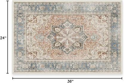 RUGGABLE Washable Vintage Area Rug – Kamran Coral 2x3, Stain-Resistant, Non-Slip – Small Machine Washable Rugs for Living Room, Bedroom, Hallway, Entryway & Bathroom–with Cushioned Pad