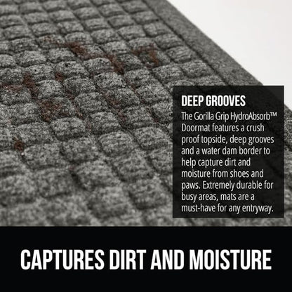 GORILLA GRIP Front Door Mat, Indoor Outdoor Ultra Absorbent HydroAbsorb Doormat, Absorbs Up to 1.7 Cups of Water, Stain and Fade Resistant, Rubber Backing Doormats, Captures Dirt, 29x17 Gray