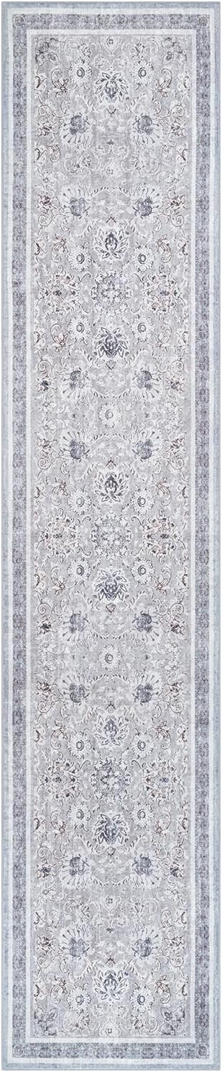 Phantoscope Washable Runner Rug 2'x10' Non-Slip, Vintage Neutral Hallway Rugs for Entryway, Stair, Bedroom, Distressed Boho Floral Medallion Pattern, Low-Pile Foldable Carpet, Light Grey/Neutral