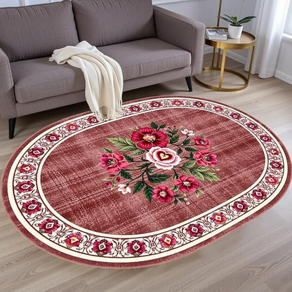Retro Country Distressed Burgundy Green Florals Texture Bordered Rugs 5x8 for Living Room Bedroom Dining Room Soft Washable Non Skid Area Rug Guestroom Kitchen Doormats Rustic Indoor Oval Carpet