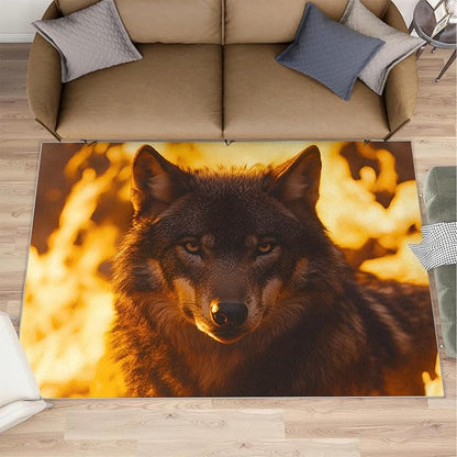 Wolf Rugs for Bedroom - 3x4 Area Rug - Timber Wolf Rugs for Living Room, Sunset Landscape Rug, Non-Slip Washable Home Decor Carpet