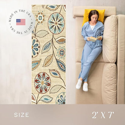 Maples Rugs Reggie Floral Runner Rug - Made in USA - Washable, Non Slip Indoor Carpet for Kitchen, Hallway, and Laundry Room, 2' x 7', Beige