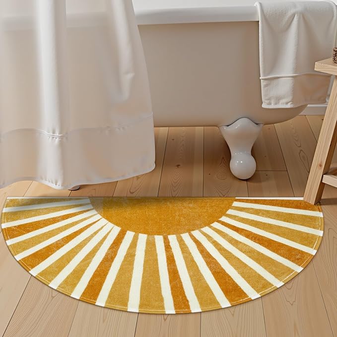 Lahome Boho Bathroom Rugs - Non-Slip Washable Half Circle Mat Small Cute Soft Bedroom Rugs, Rainbow Sun Print Indoor Rug Half Round Door Mat for Entryway Kitchen Bedside Toilet (16''x30'', Sun)