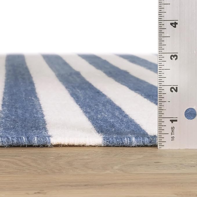 Home Conservatory Ladder Stripe Navy/Ivory Handwoven Wool 6 X 9 Feet, Blue/Ivory Stripe Pattern