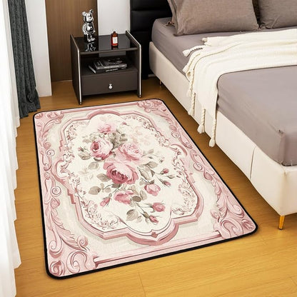 French Country Floral 5x7 Area Rug Pink Rose Living Room Rug | Romantic Flowers Rugs for Bedroom, Rustic Carpet Indoor Floor Mat