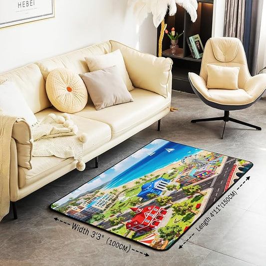 Kids Area Rug 3x5 City Life House Rugs for Living Room | 3D Cityscape Washable Rug, Fun Educational Gift Urban Landscape Carpet Indoor Floor Mat