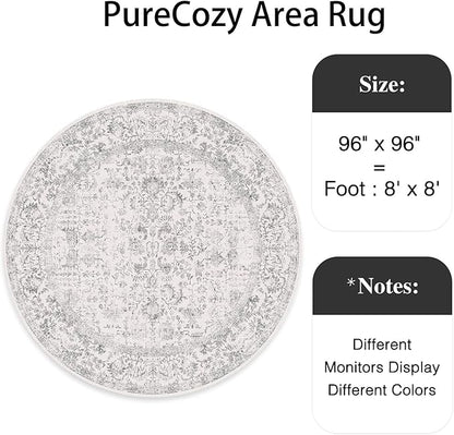 Grey Round Area Rug 8ft Entryway Door Mat Small Circle 8x8 Kitchen Vintage Carpet Non Slip Indoor Bedroom Washable Distressed Floral Retro Accent Throw Rug Office Bathroom