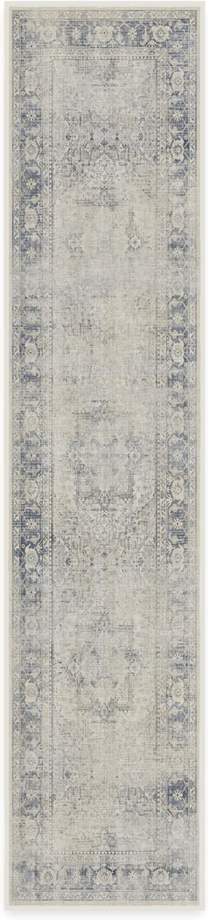 RUGGABLE Washable Vintage Runner Rug – Kamran Blue Quartz 2.5x12, Stain-Resistant, Non-Slip Hallway Runner – Machine Washable Rug for Hallway, Entryway, Living Room & Kitchen–with Standard Pad