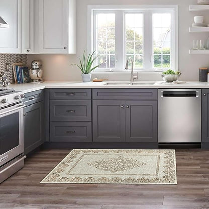 Easy-Going Boho Neutral Area Rug 2x3 Washable Entryway Rugs Front Door Mat Indoor Entrance Non-Slip Floral Brown Small Entry Rug for Living Room Bedroom Kitchen Bathroom Home Office Lightweight Carpet