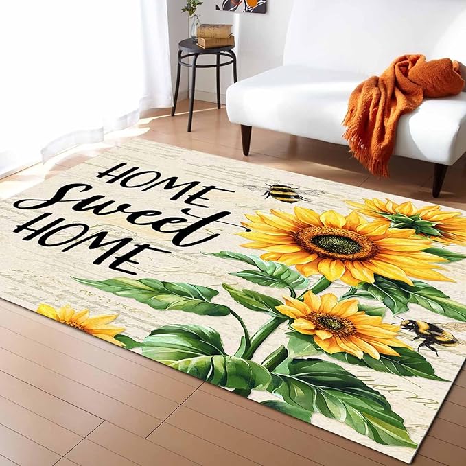 Summer Sunflowers Rectangular Area Rugs for Living Room Bedroom 3 x 5 ft Rustic Floral Bees Green Leaves Non-Shedding Soft Low Pile Rug Non Slip Washable Rug for Nursery Entryway Playroom