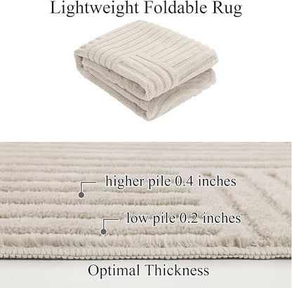 SHACOS Soft Cozy Fluffy Arch Pattern High-Low Pile Textured Area Rug 5'3"x7'3" Non Slip Washable Modern Geometric Rug Stain Resistant Contemporary Carpet for Living Room Bedroom Dining Room, Beige