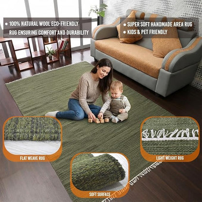 Rugsotic Carpets Hand Woven Flat Weave Kilim Wool ECO-Friendly Area Rugs - 10'x13', Rectangle Shape, Olive Color, Solid Plain Design, Low Pile Handmade Area Rugs for Living Room, Bed Room (D00111)