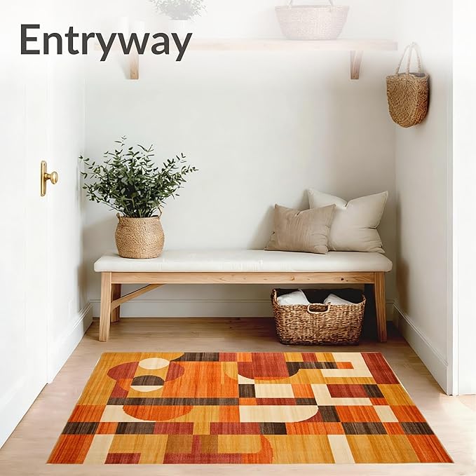Flatwoven High Traffic Area Rug 6x9, Orange Rust Copper Abstract Geometric Shape, Non Slip, Stain Resistant, Washable Area Rugs for Living Room, Bedroom (Orange, 6x9)