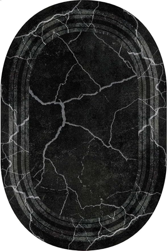 Black Grey Striped Texture Bordered Rugs 6x9 Modern Minimalist Indoor Large Area Rug for Living Room Bedroom Dining Room Soft Faux Wool Non Slip Floor Mats Entrance Bathroom Home Office Oval Carpet